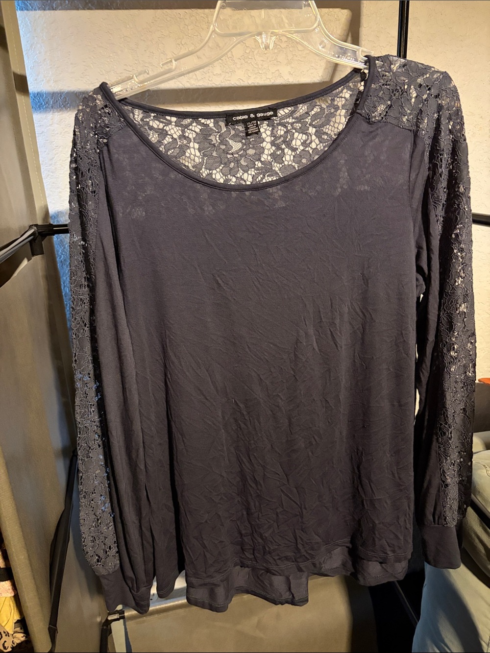Cable & Gauge Navy Lace-Detail Long Sleeve Top
